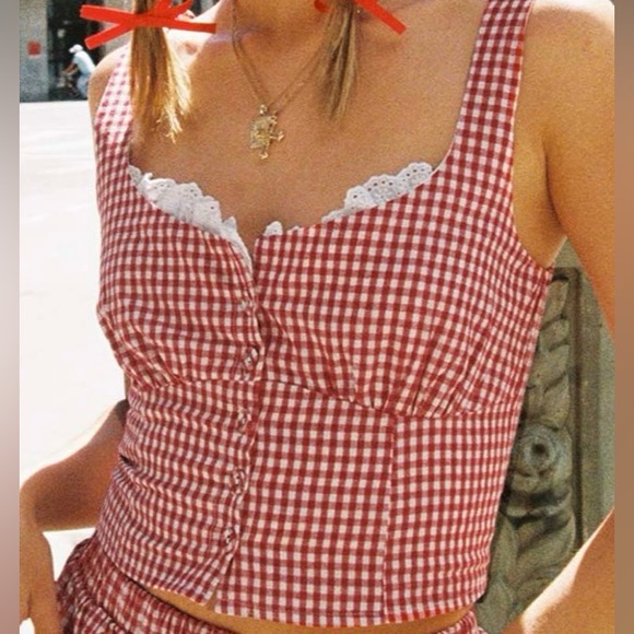 Red Gingham Button-Up Women's Top - Picture 1 of 8